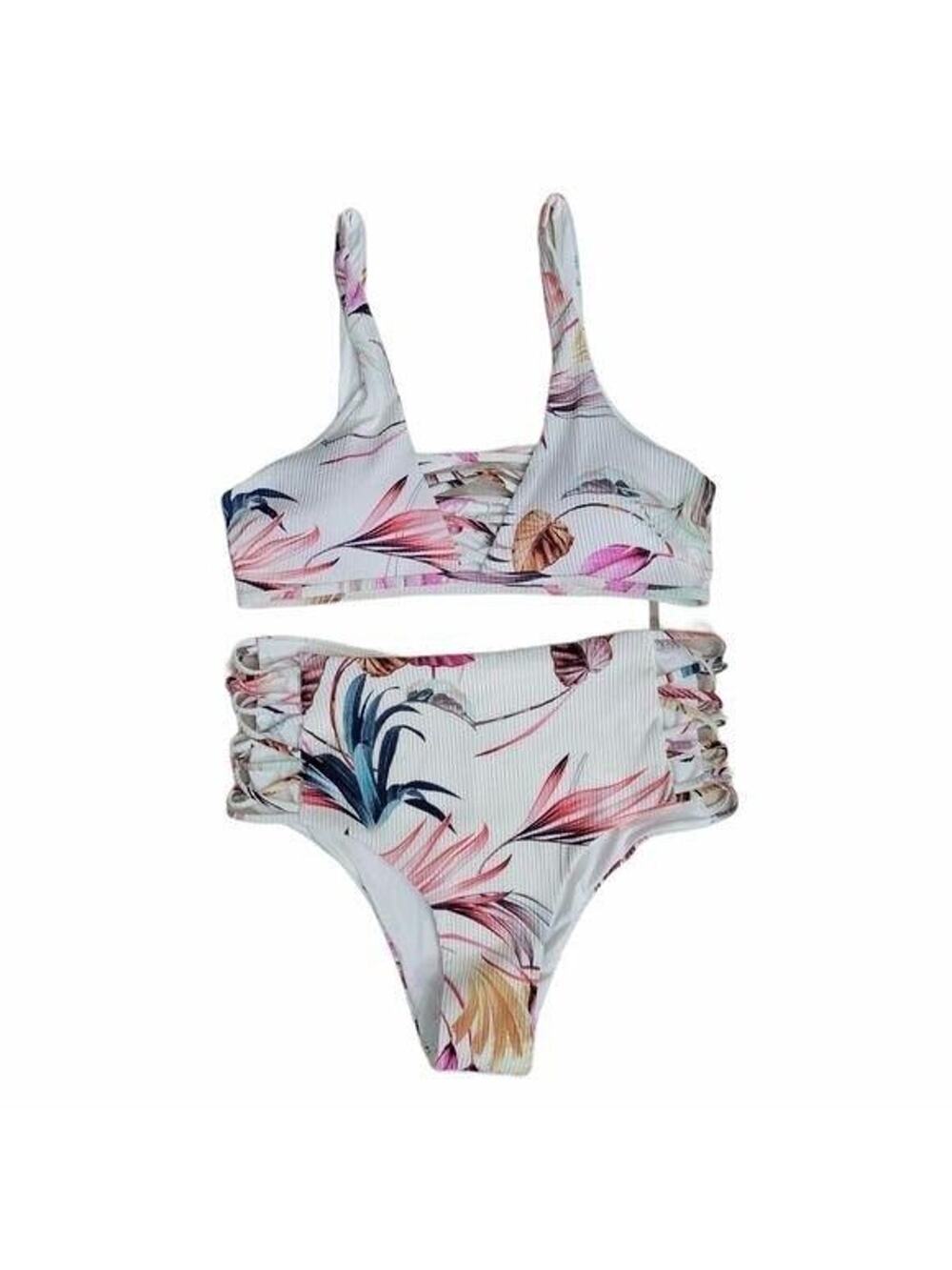 TiniBikini XL White Floral Caged 2 Piece Ribbed Bikini Women's Swimsuit NEW